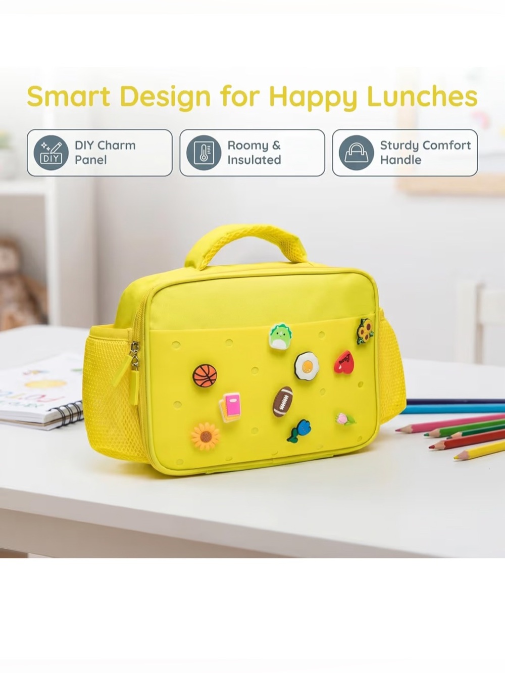 Kids Bright Yellow Lunch Bag with Charms - Picture 5 of 9